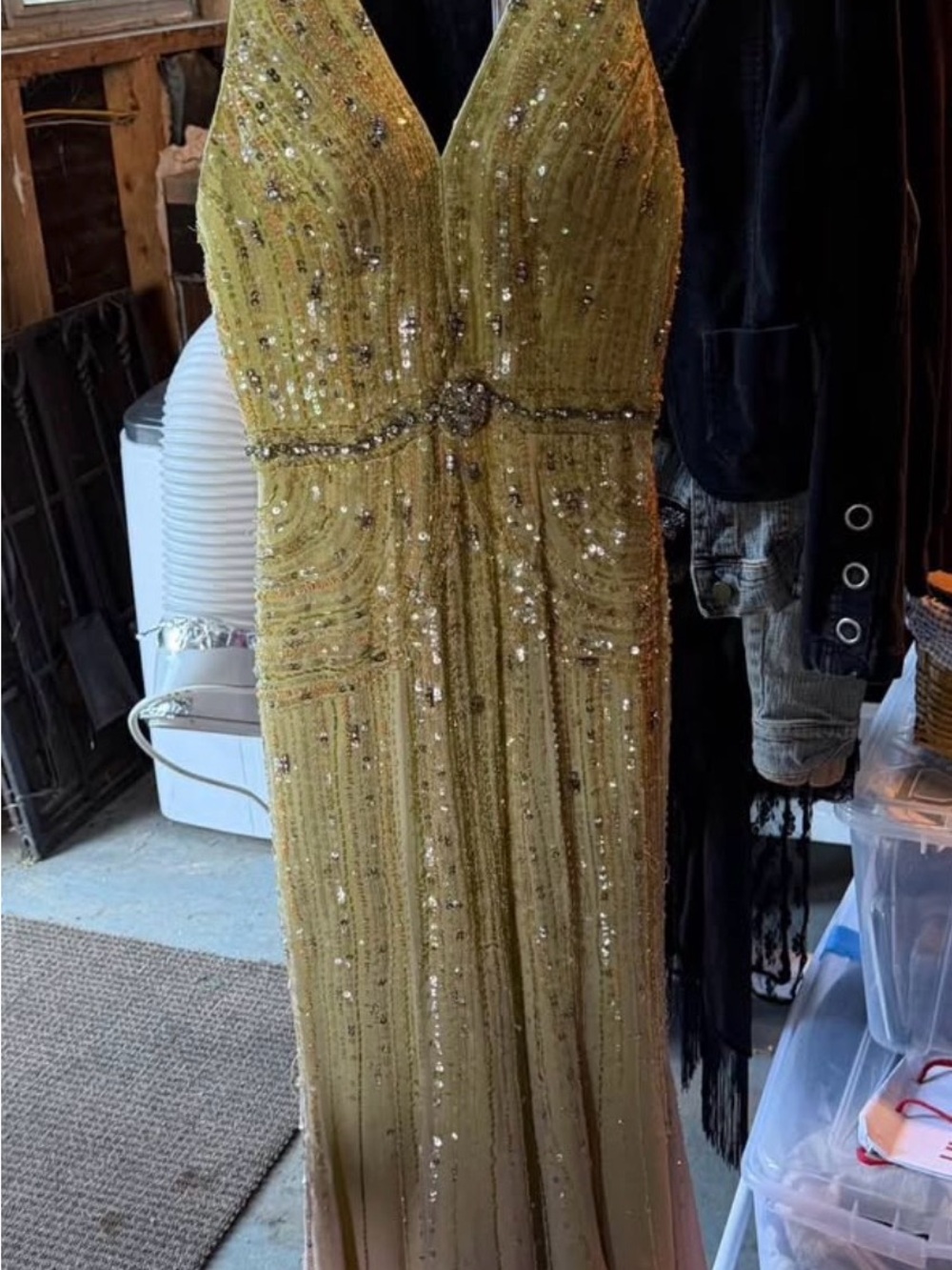 Tony Bowls Paris Olive-Green Strapless Sequin Evening Dress